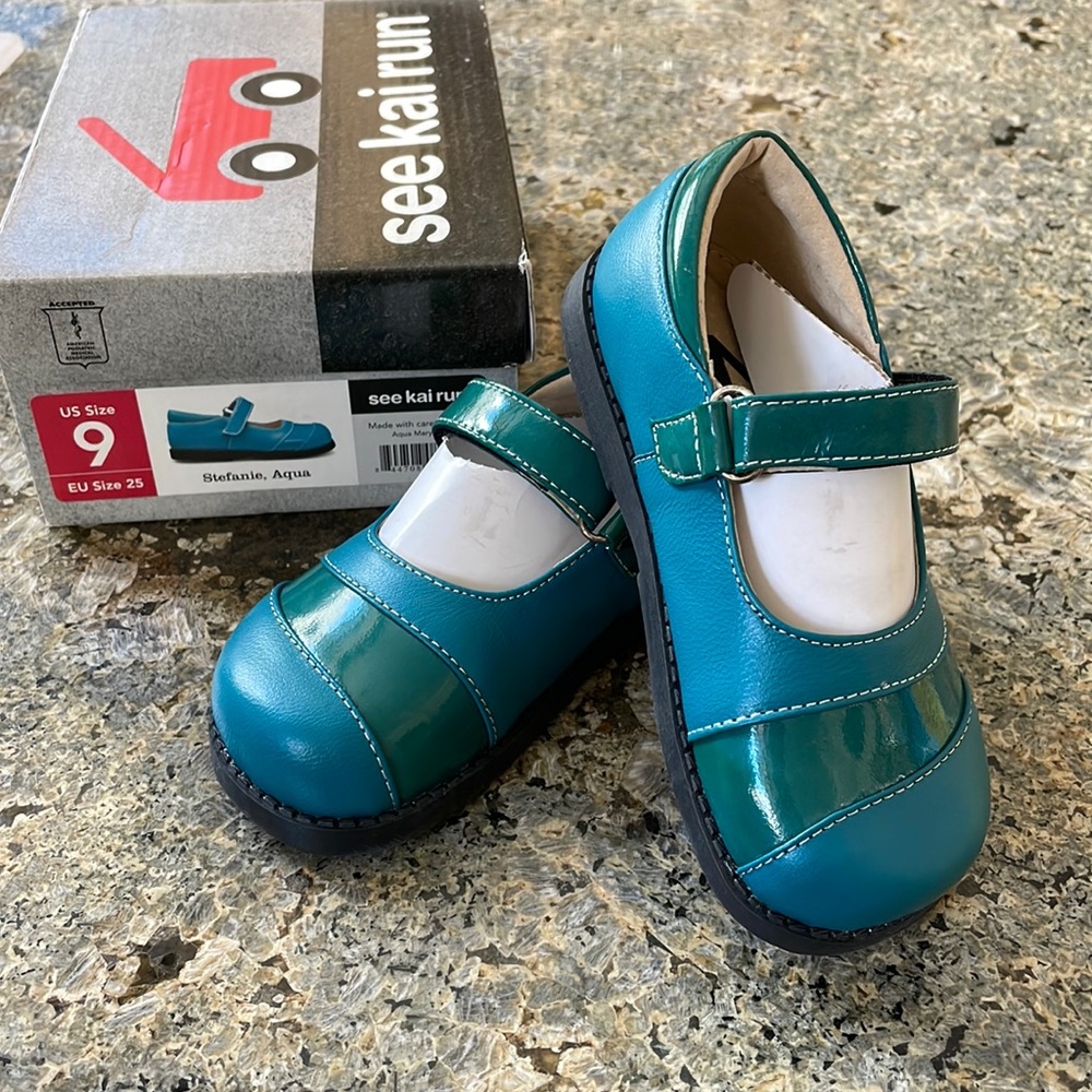 Brand new in box See Kai Run Mary Janes - called Stefanie in Aqua size 9